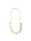 Gold necklace with circular pendants on a white background