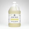 Gallon jug of dish soap with a label on a white background
