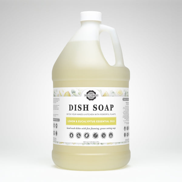 Gallon jug of dish soap with a label on a white background
