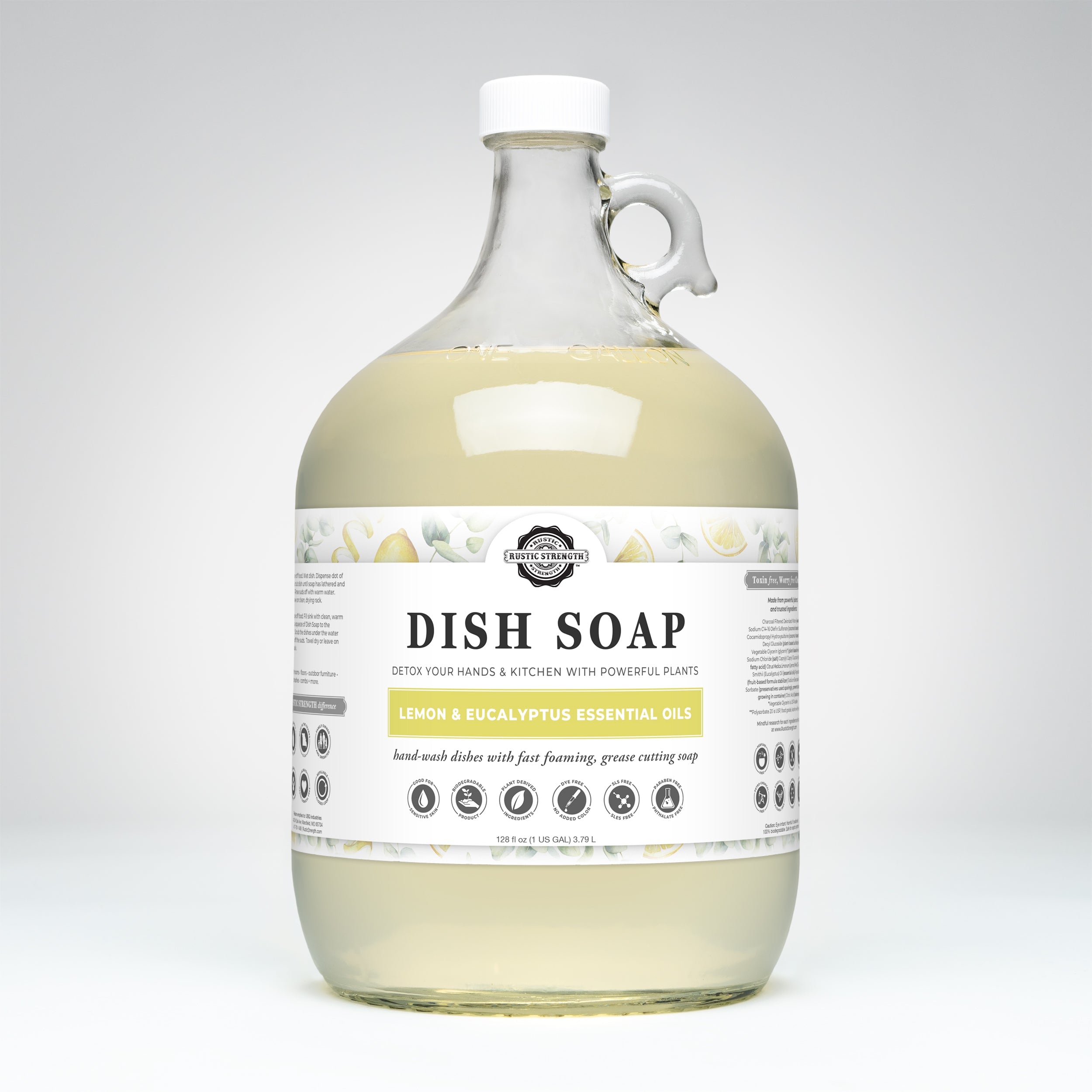 Large glass bottle of dish soap with a label on a white background