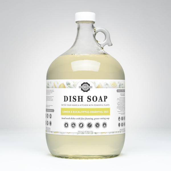 Large glass bottle of dish soap with a label on a white background
