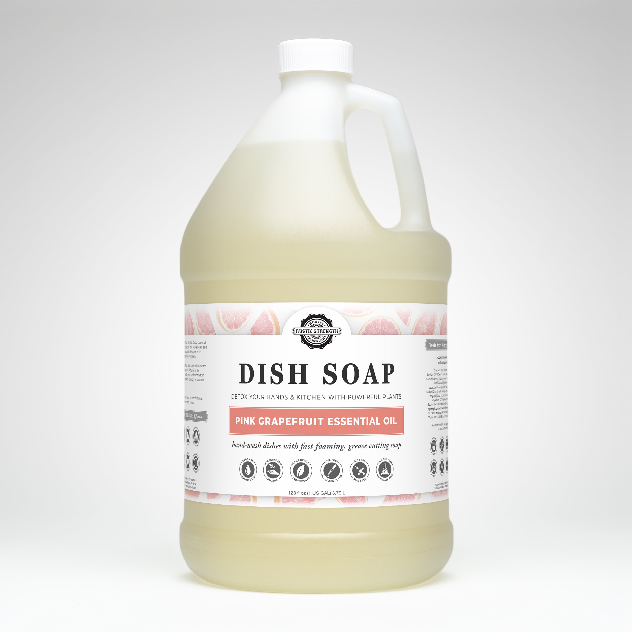 Gallon jug of dish soap with a label on a white background