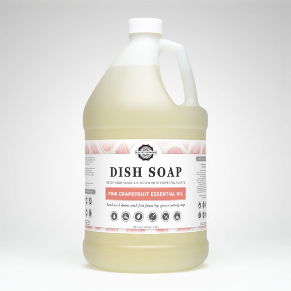 Gallon jug of dish soap with a label on a white background
