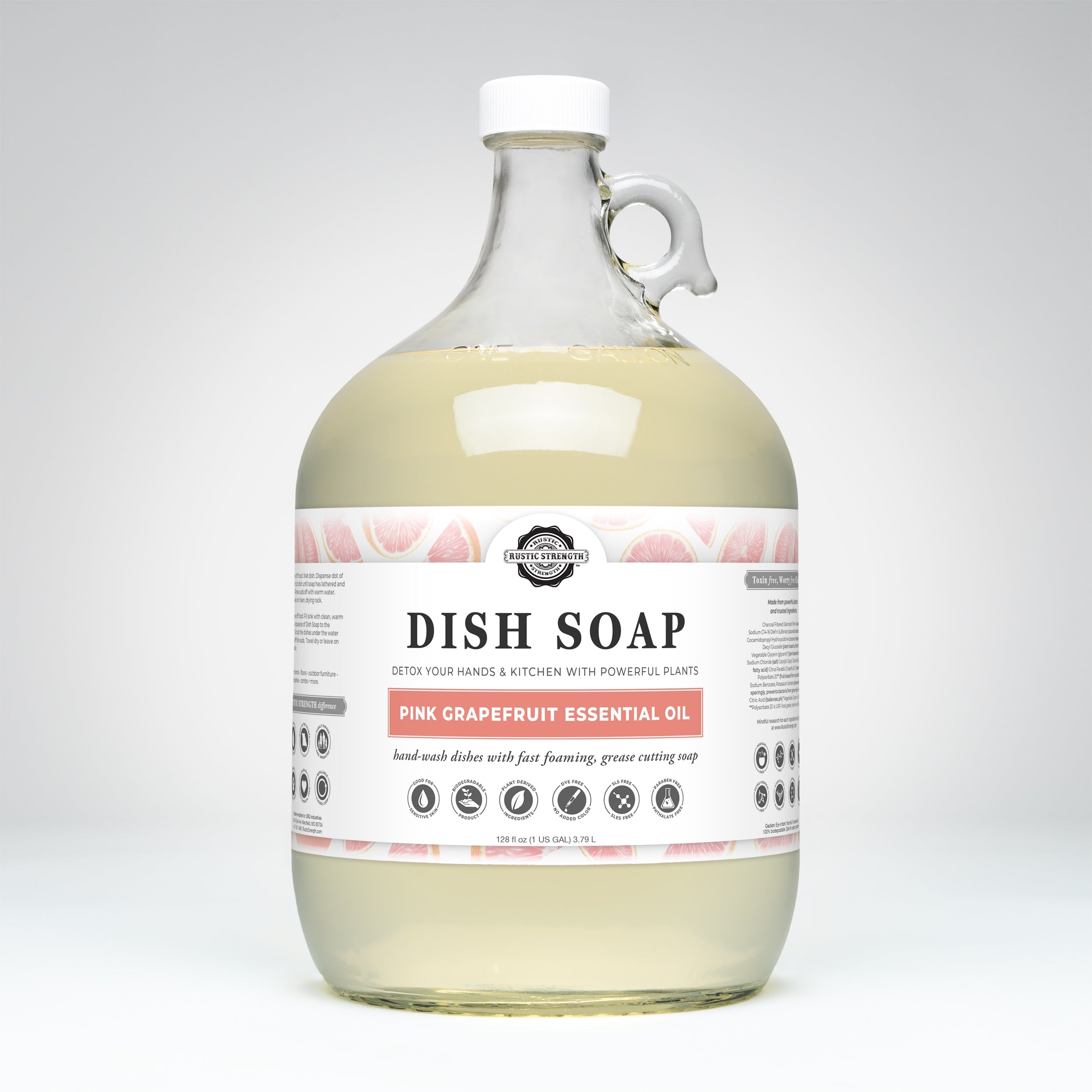 Large bottle of dish soap with a label on a white background