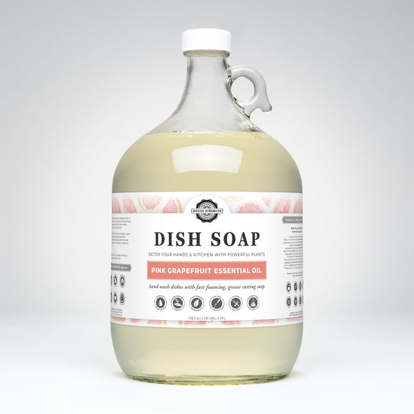 Large bottle of dish soap with a label on a white background