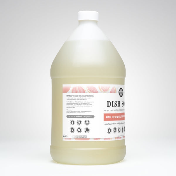Gallon bottle of dish soap with a label on a white background