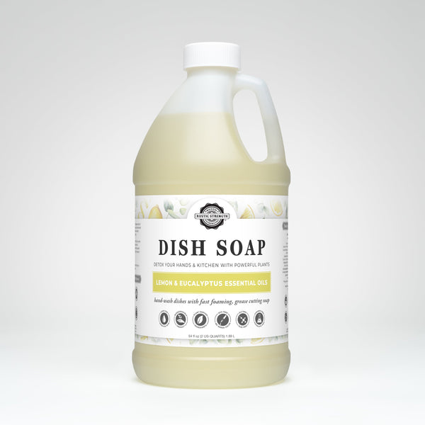 Gallon jug of dish soap with a label on a white background