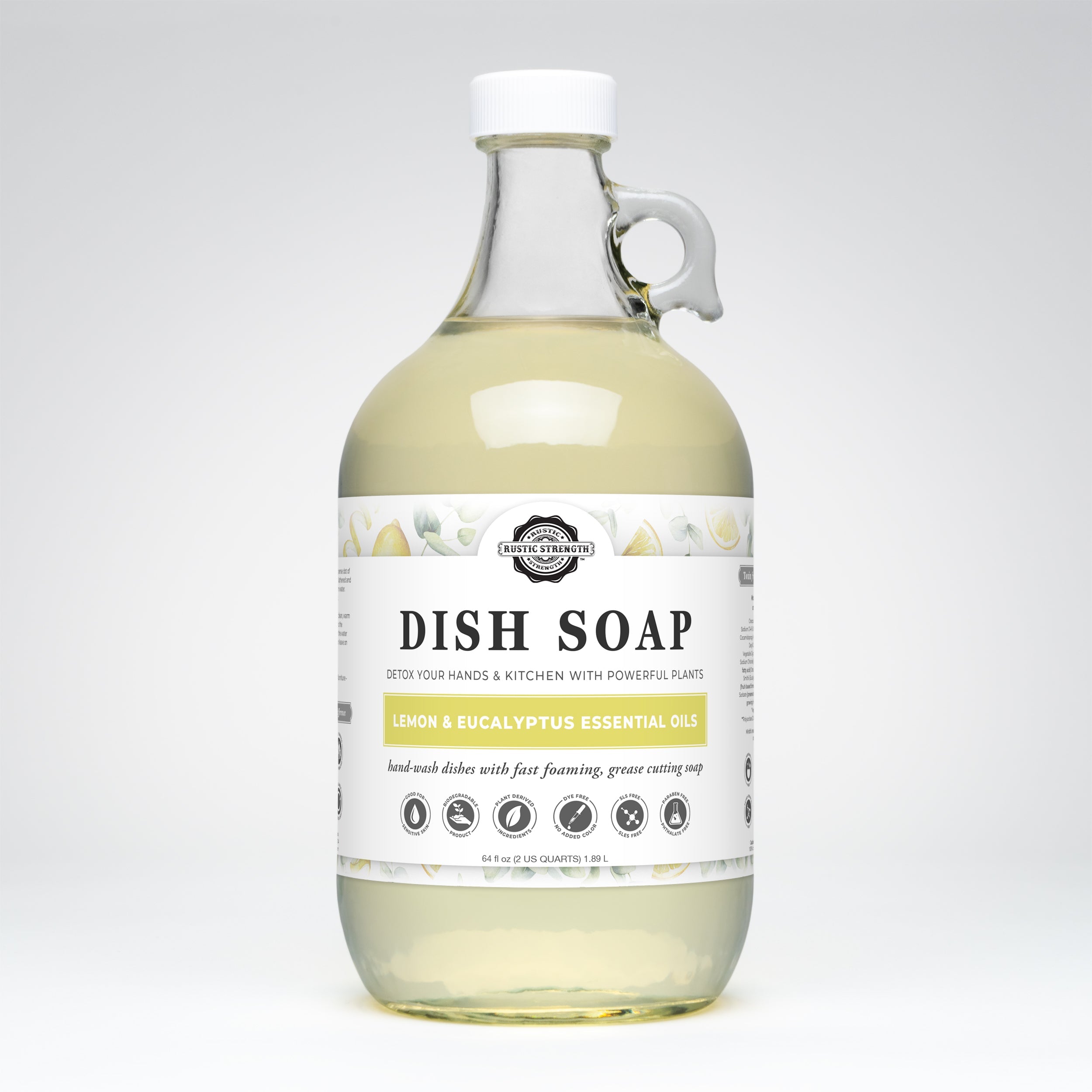 Rustic Strength lemon eucalyptus dish soap half-gallon bottle — plant-based and biodegradable