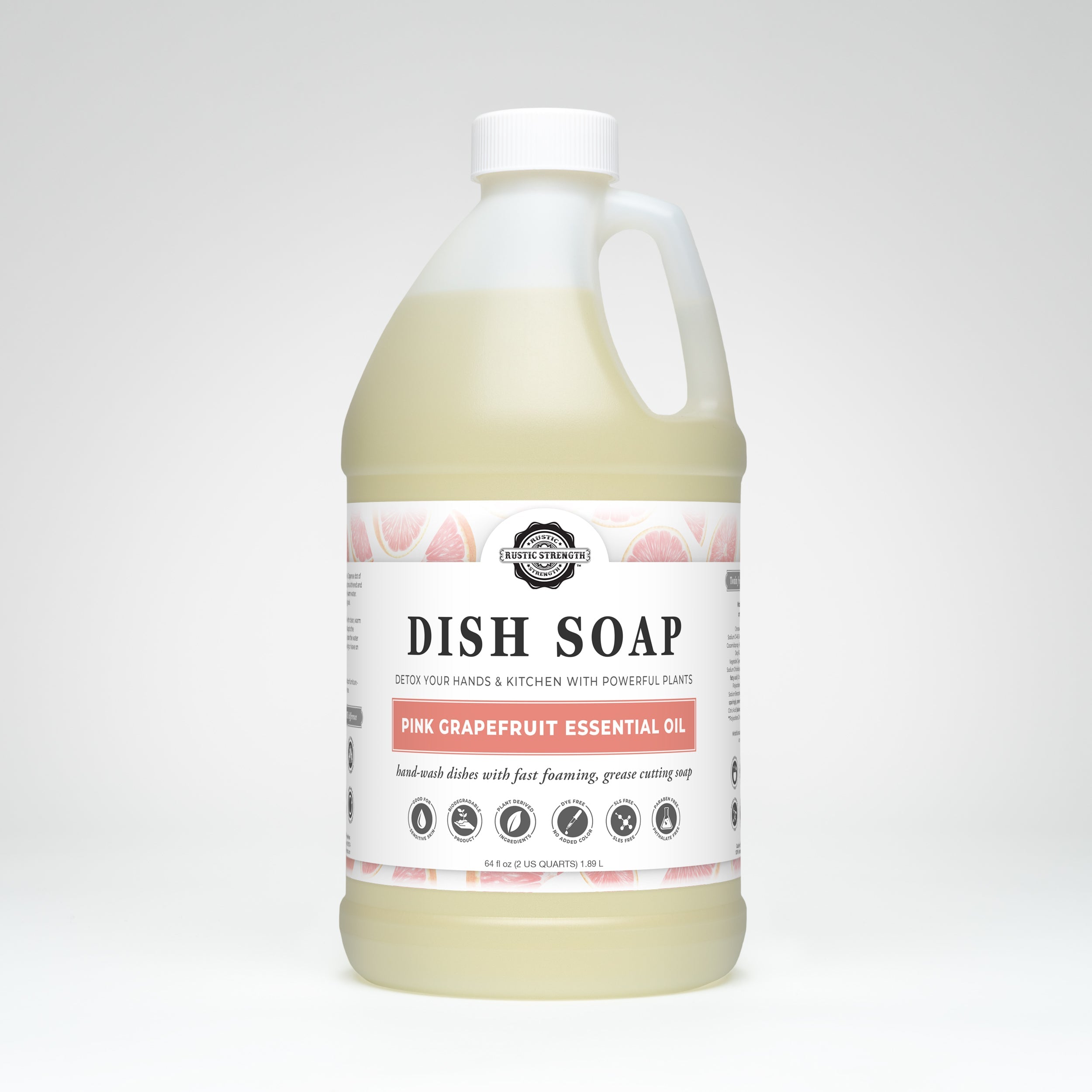 Bottle of dish soap with a label on a white background