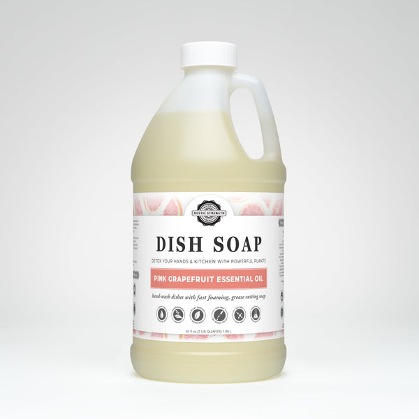 Bottle of dish soap with a label on a white background