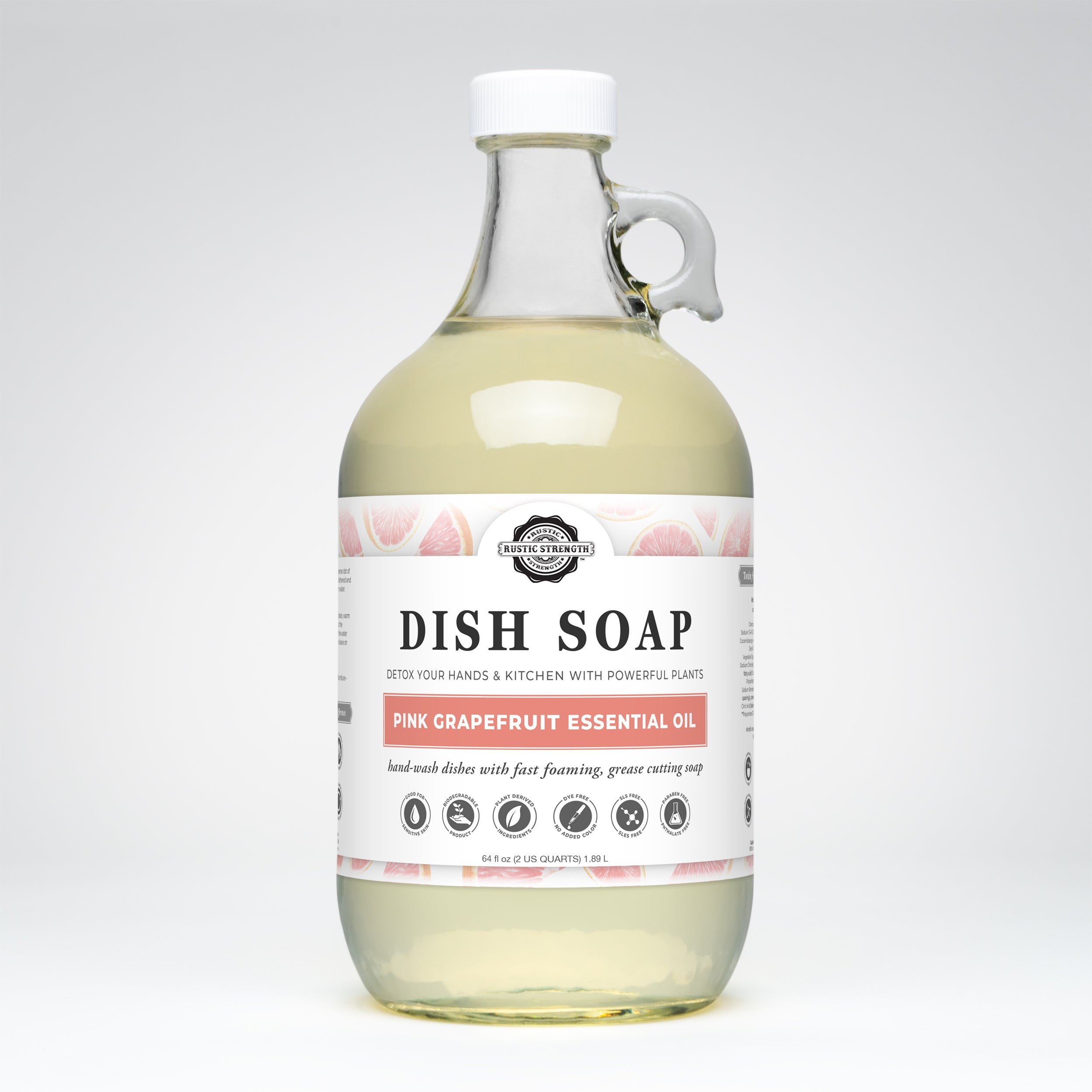 Bottle of dish soap with a label on a white background