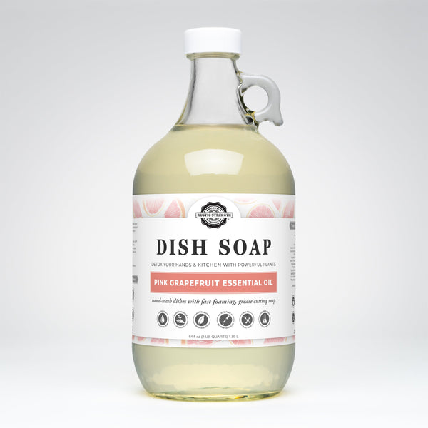 Bottle of dish soap with a label on a white background