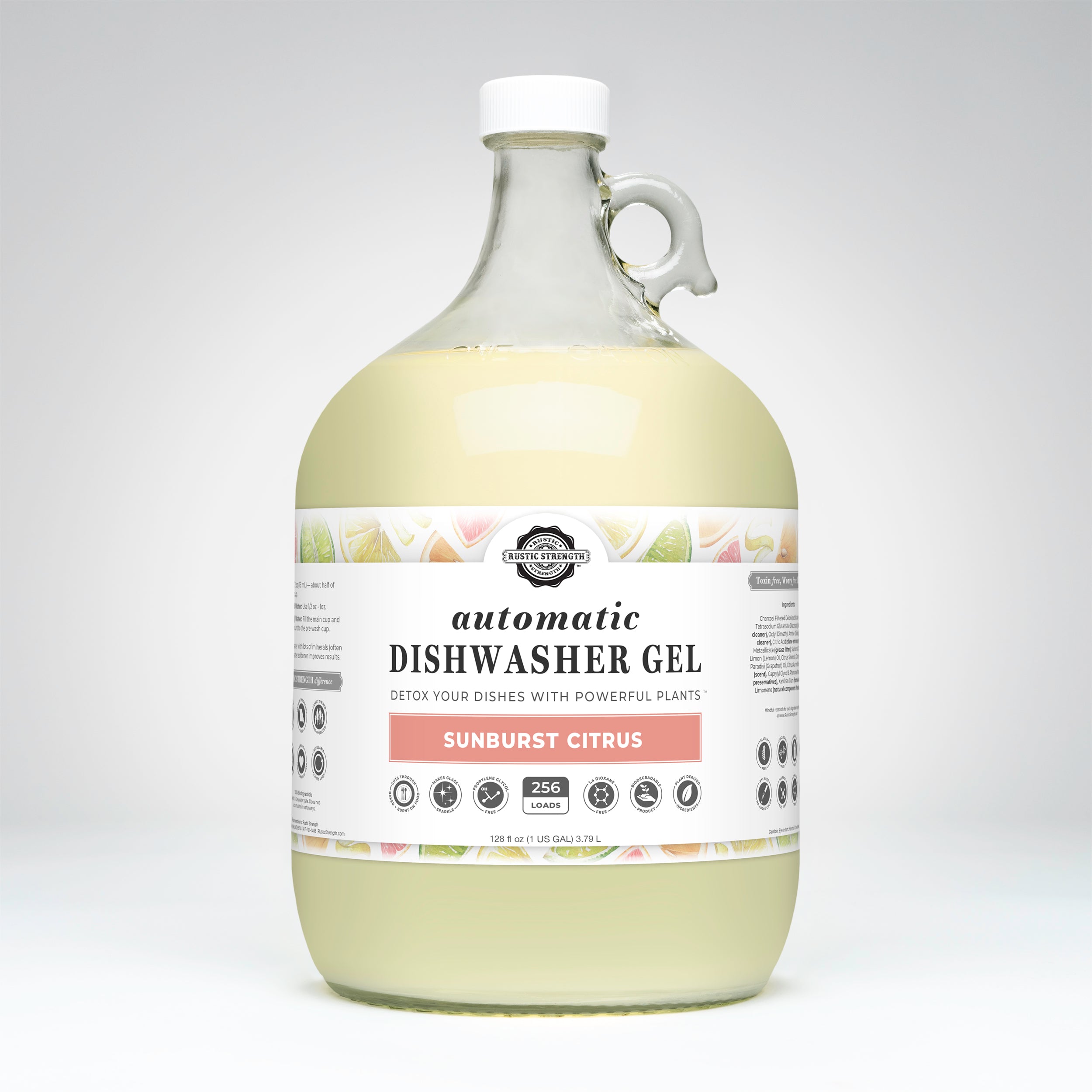 Large bottle of automatic dishwasher gel with a label on a white background