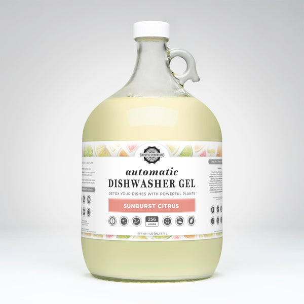 Large bottle of automatic dishwasher gel with a label on a white background