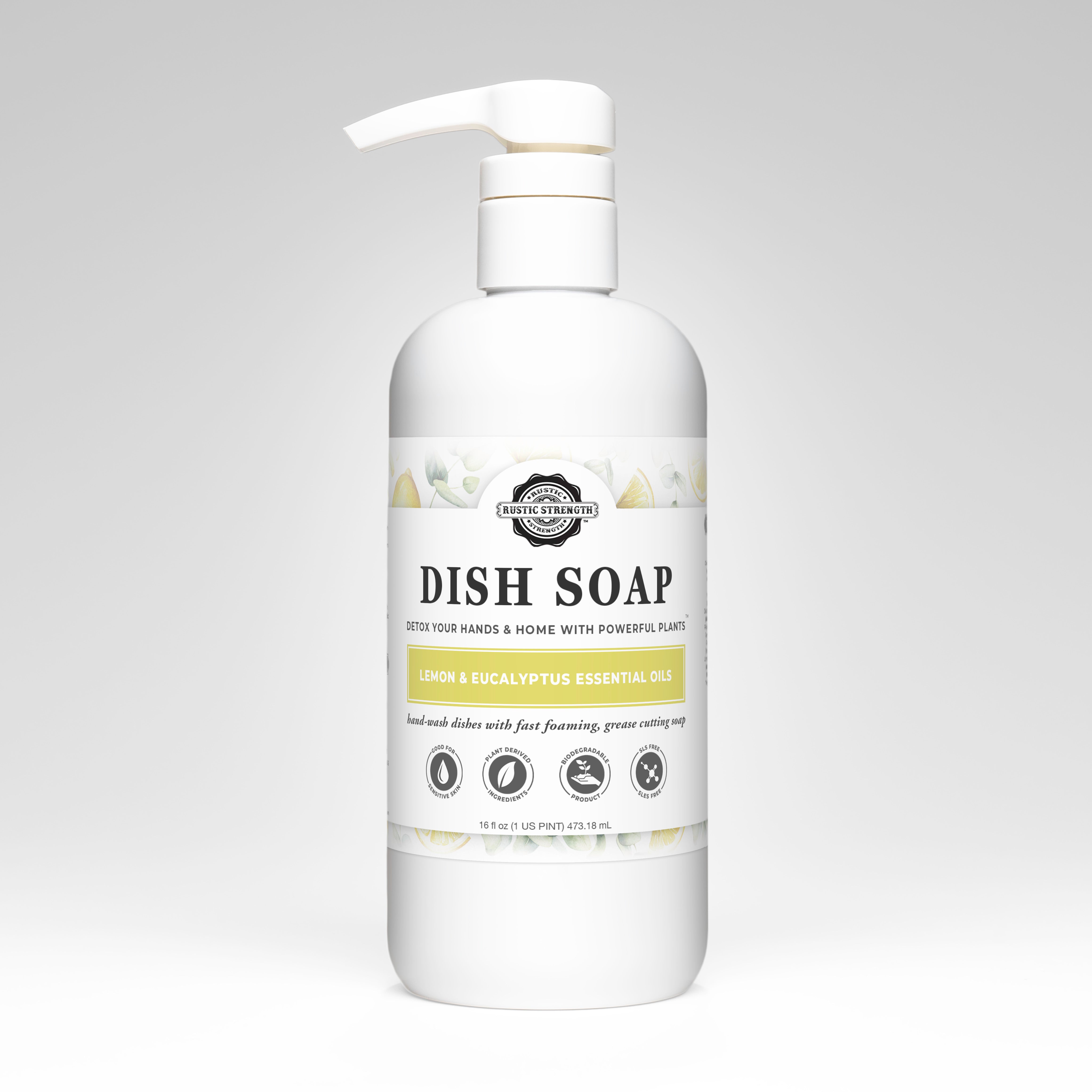 Rustic Strength natural lemon and eucalyptus dish soap 16oz bottle on white background
