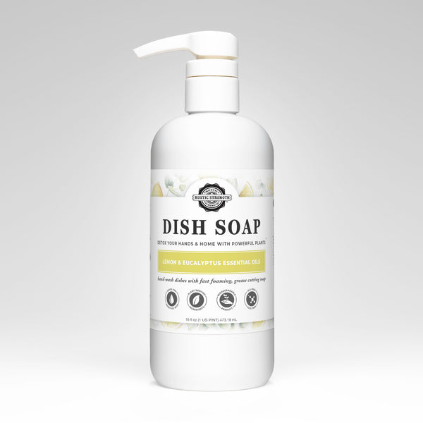 Rustic Strength natural lemon and eucalyptus dish soap 16oz bottle on white background