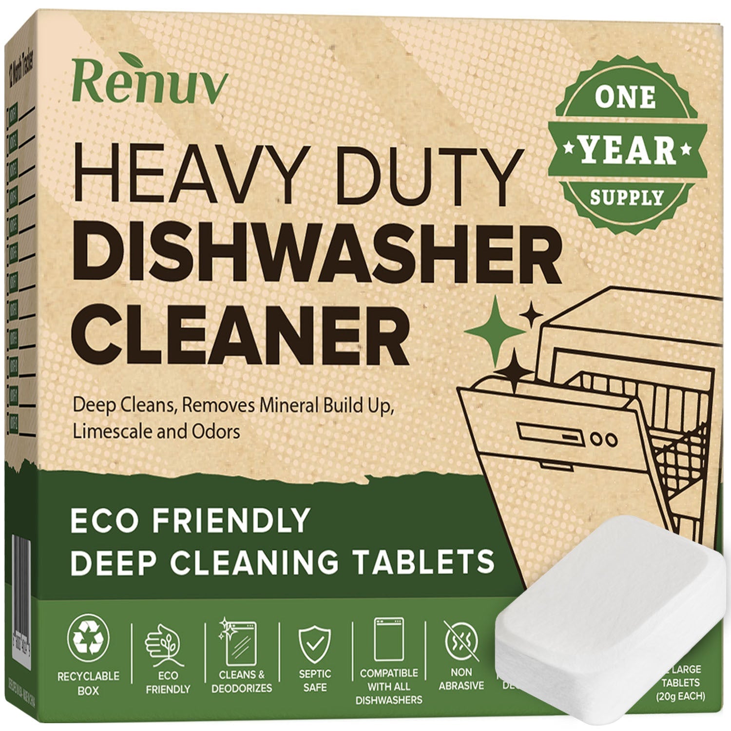 Box of Renuv Heavy Duty Dishwasher Cleaner with a tablet included