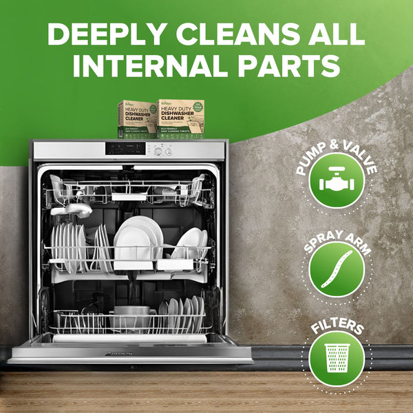 Dishwasher with open door showing clean dishes, with text 'DEEPLY CLEANS ALL INTERNAL PARTS' and icons for pump, valve, spray arm, and filters.