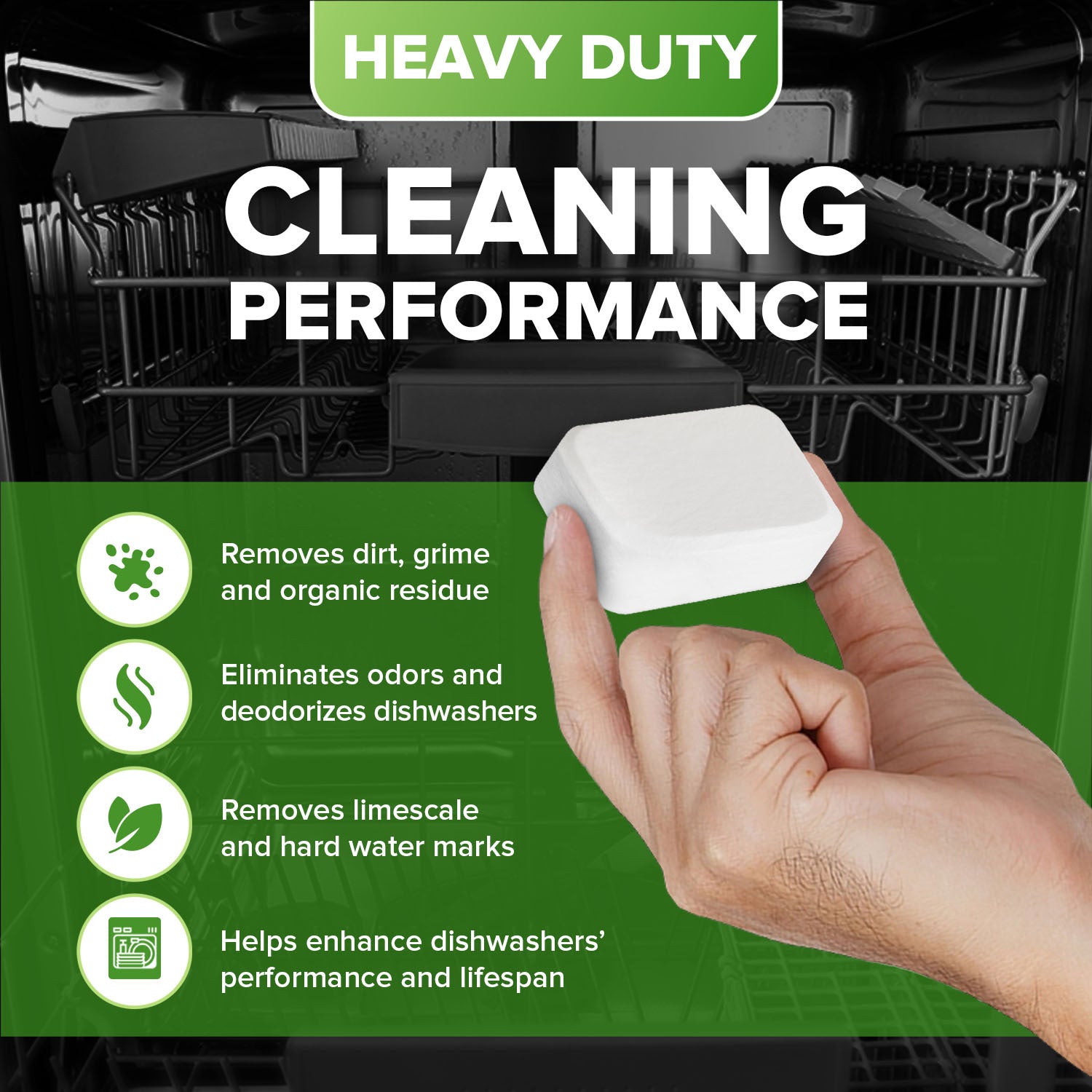 Cleaning product with text highlighting its features and benefits on a dishwasher background.