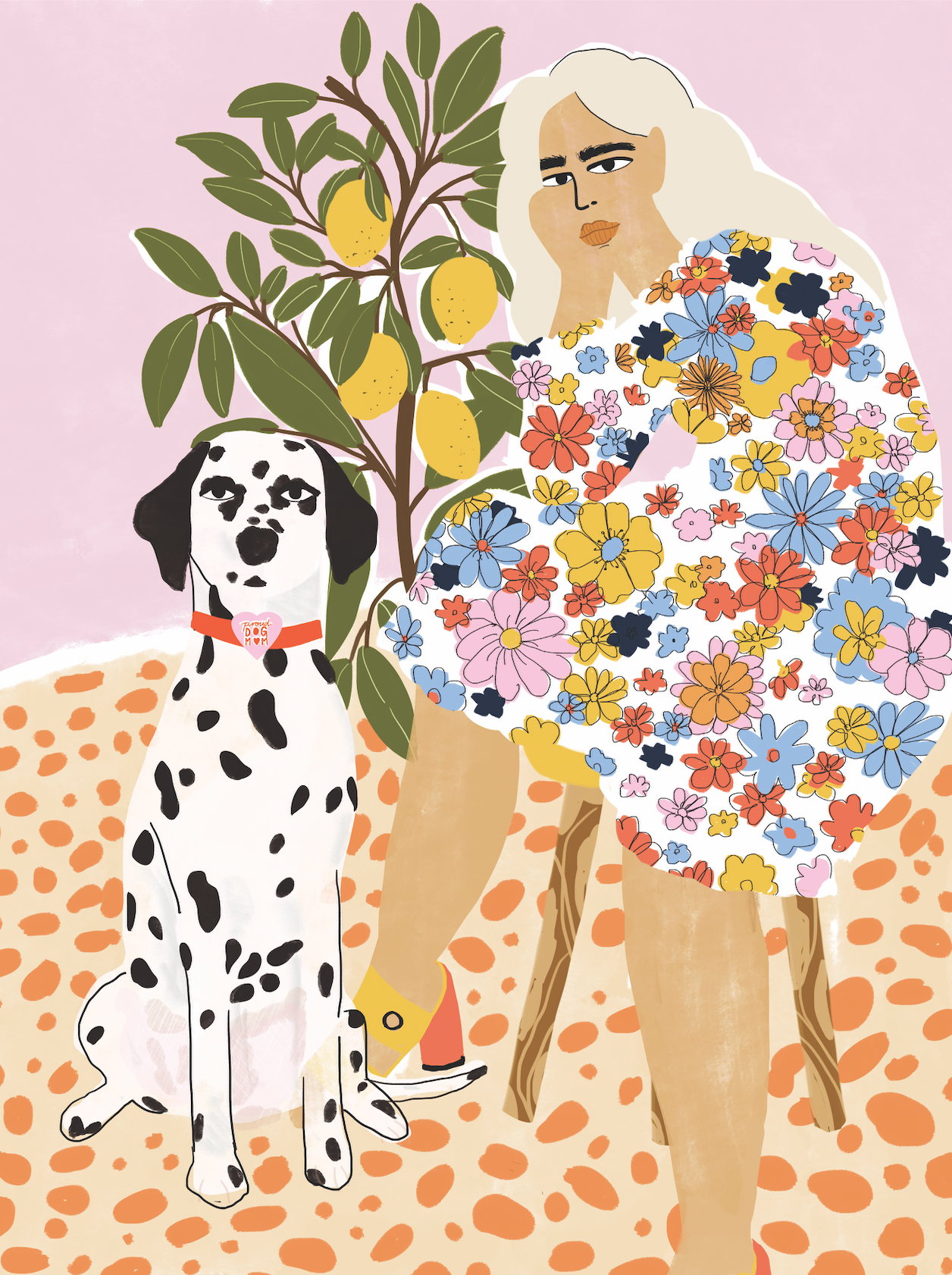 Illustration of a woman in a floral dress with a Dalmatian dog and lemon tree on a pink background