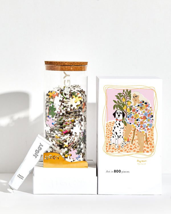 Jigsaw puzzle jar, box, and Dalmatian-themed card on a white background