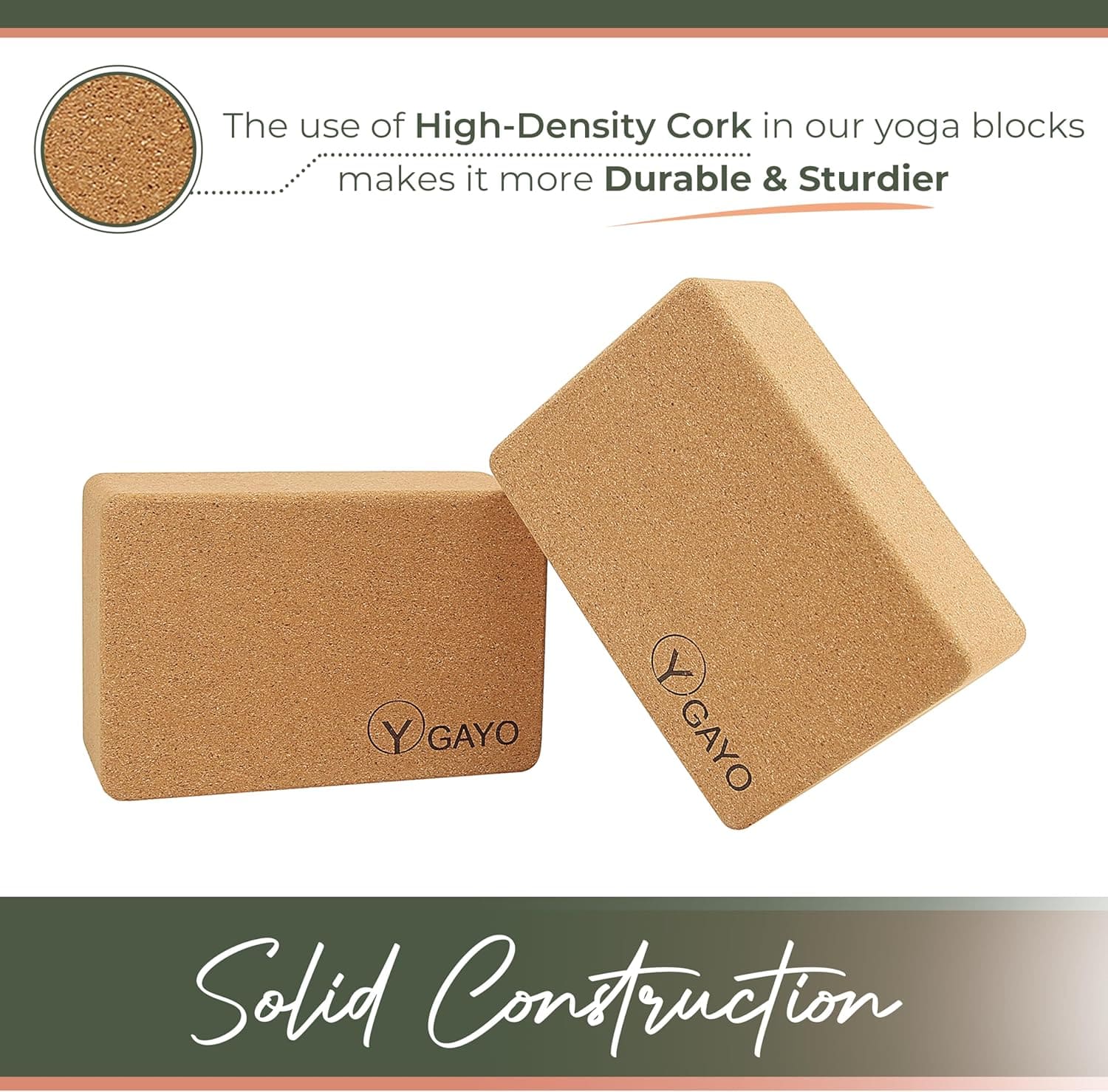 Two cork yoga blocks with 'Y GAYO' branding on a white background.