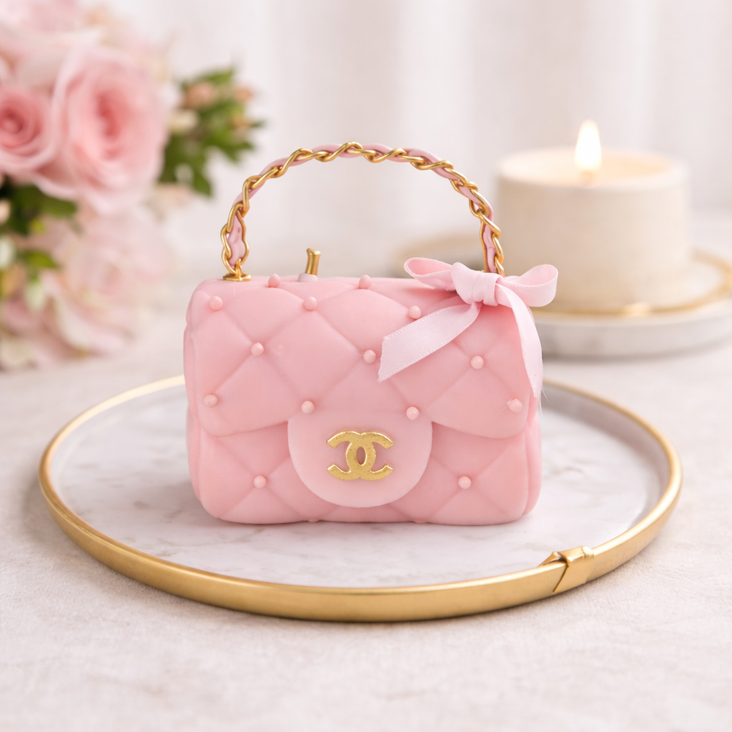 Pink Chanel handbag-shaped soap on a white plate with a blurred floral background