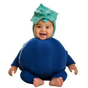 Baby wearing the handmade Blueberry Costume with plush cotton terrycloth body and leaf hat