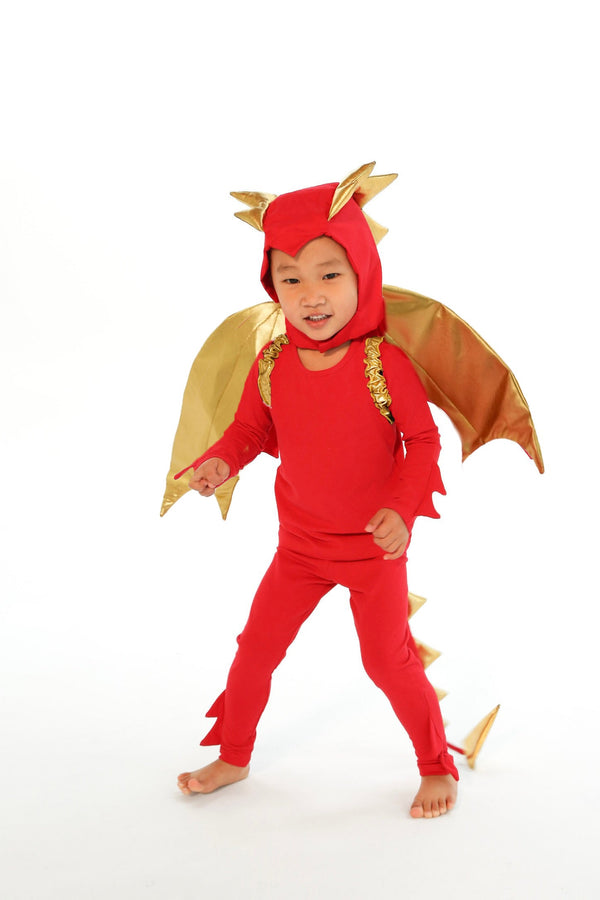 Child wearing a red dragon costume with gold accents on a white background