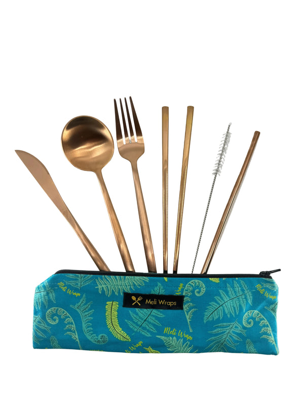 Meli Wraps reusable travel cutlery set in Fern design — handmade organic cotton pouch with rose gold stainless steel fork, spoon, knife, chopsticks and reusable straw