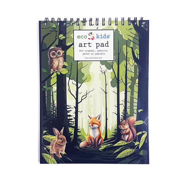 Art pad with forest design featuring animals and 'eco kids art pad' label.