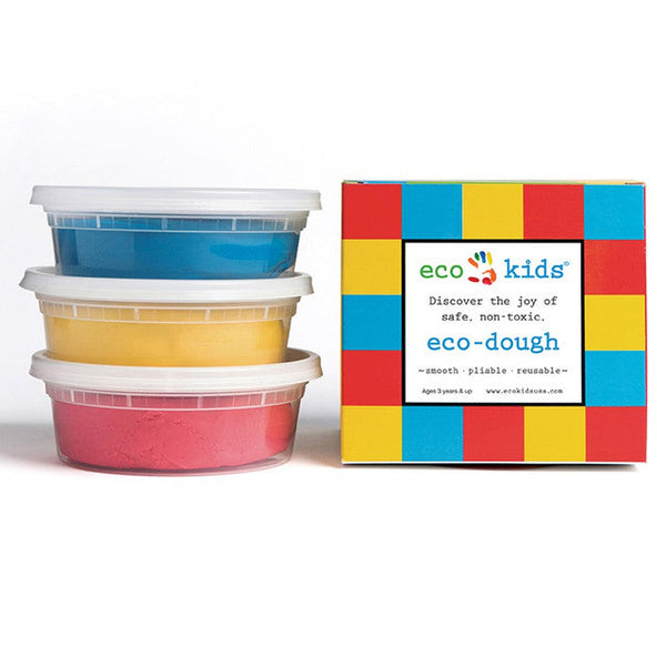 Stack of colorful eco-dough containers with a colorful box labeled 'eco-kids' on a white background.