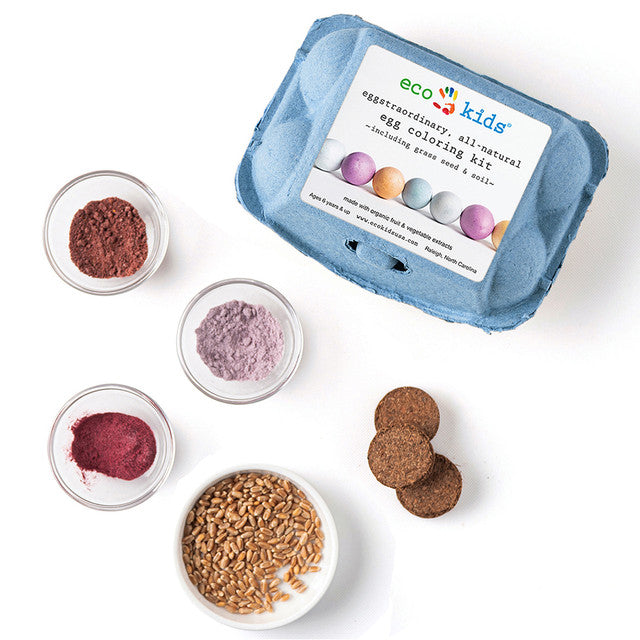 Eco Kids egg coloring kit with natural dyes and instructions on a white background