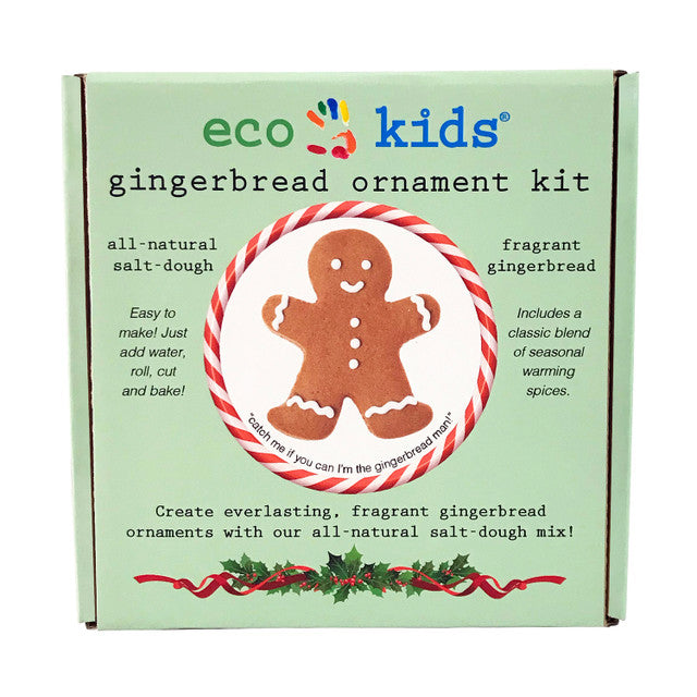 Box of eco kids gingerbread ornament kit with a gingerbread man design on a light green background.