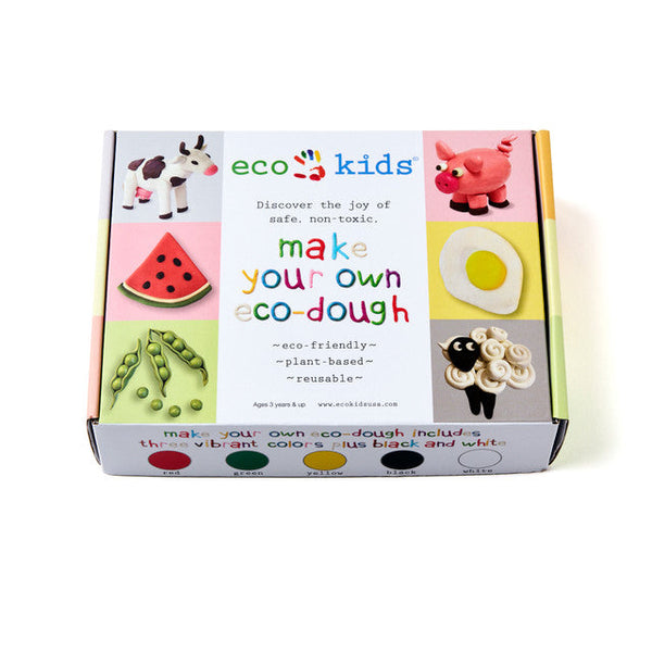 Box of eco-kids make your own eco-dough kit with colorful illustrations on a white background.