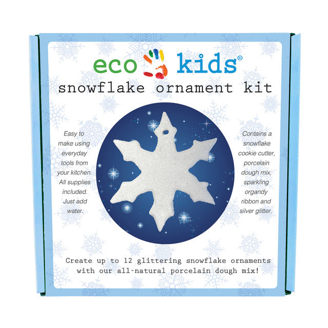 eco kids snowflake ornament kit packaging with snowflake design and text on a white background