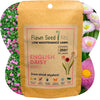 Flawn Seed Kits packaging for English Daisy mixed seeds with a floral background. Add color and charm to your lawn with English Daisy 'Mixed' seeds. This non-GMO blend creates a beautiful, pollinator-friendly flowering lawn with pink, white, and rose daisies. Perfect for a kid and pet friendly garden.
