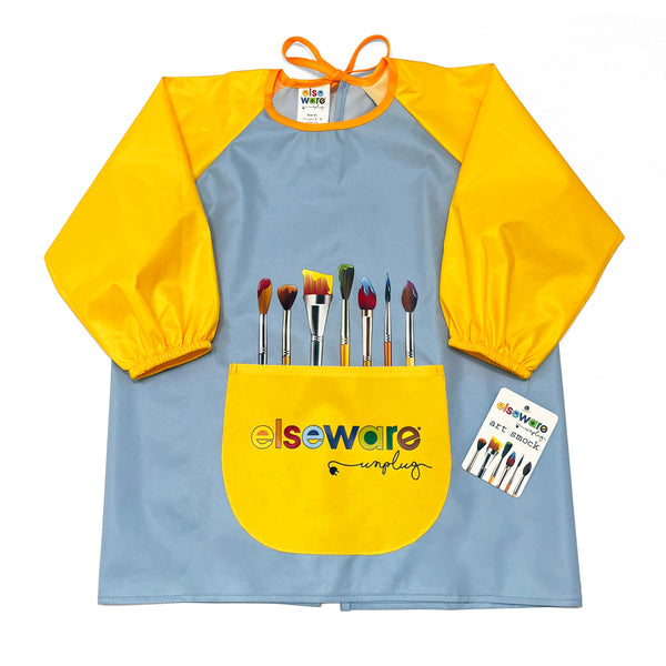 Child wearing a long-sleeve water-repellent art smock with front pocket, ages 3 to 6