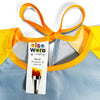 Close-up of kids art smock front pocket detail, 100% polyester water-repellent fabric