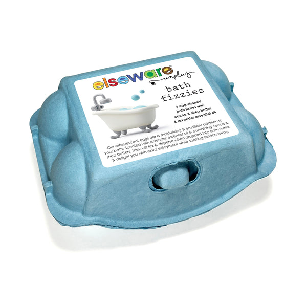 Blue packaging of elseware bath fizzies with a white label on a white background
