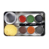 Six earth tone watercolor paint pots with a paintbrush on a metal tray, handmade by elseware unplug
