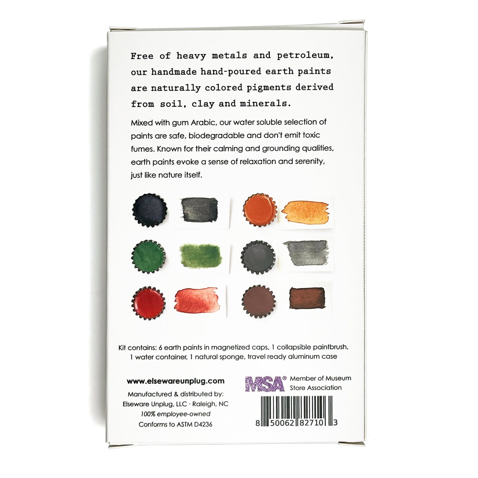 Back of elseware unplug earth paint set packaging showing color swatches and natural ingredient information