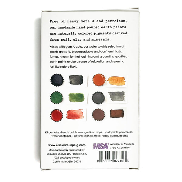 Back of elseware unplug earth paint set packaging showing color swatches and natural ingredient information