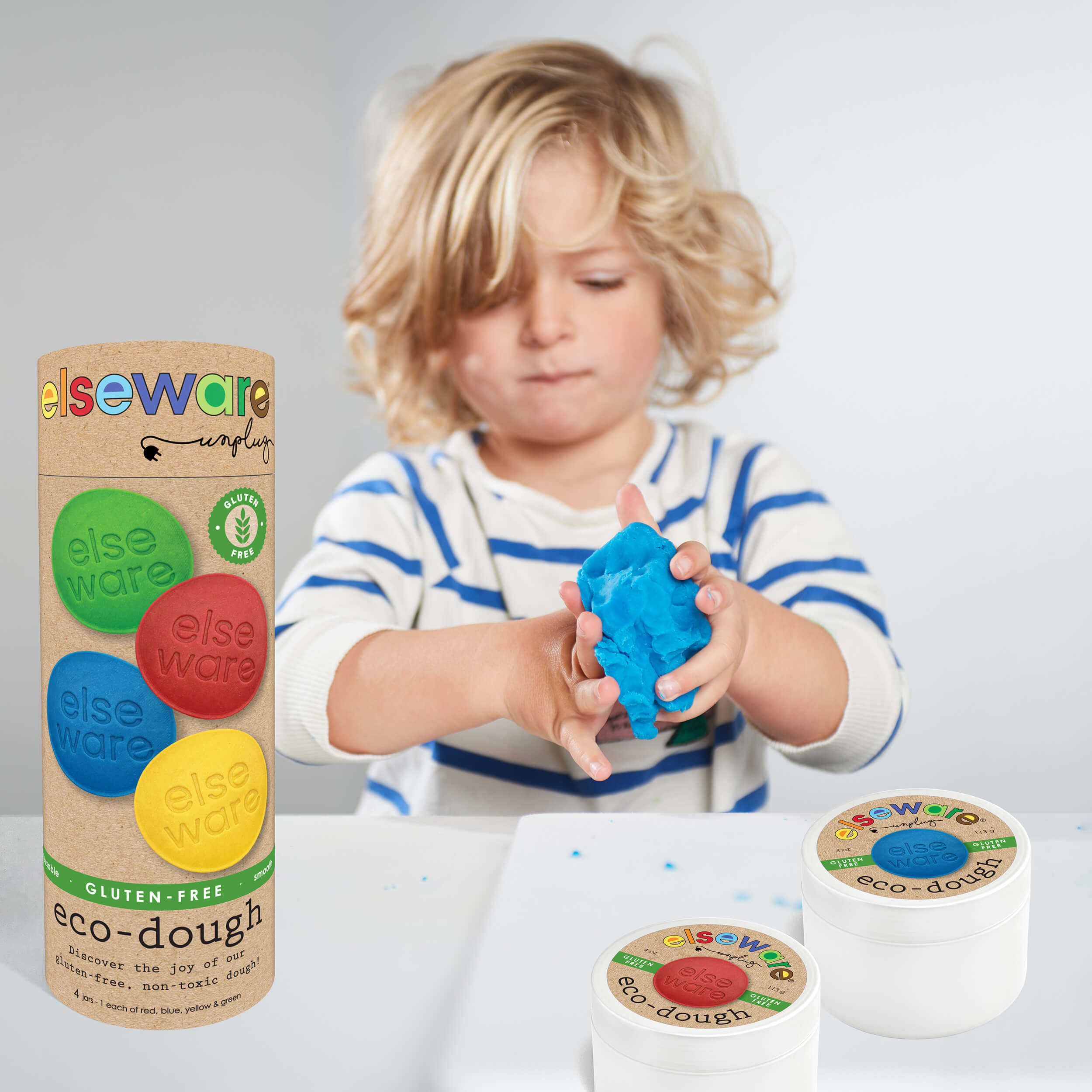 Eco-Dough gluten free 4-pack tube laid flat showing all four colour jars