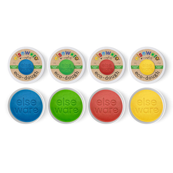 Set of eight containers of else ware eco-dough in various colors on a white background