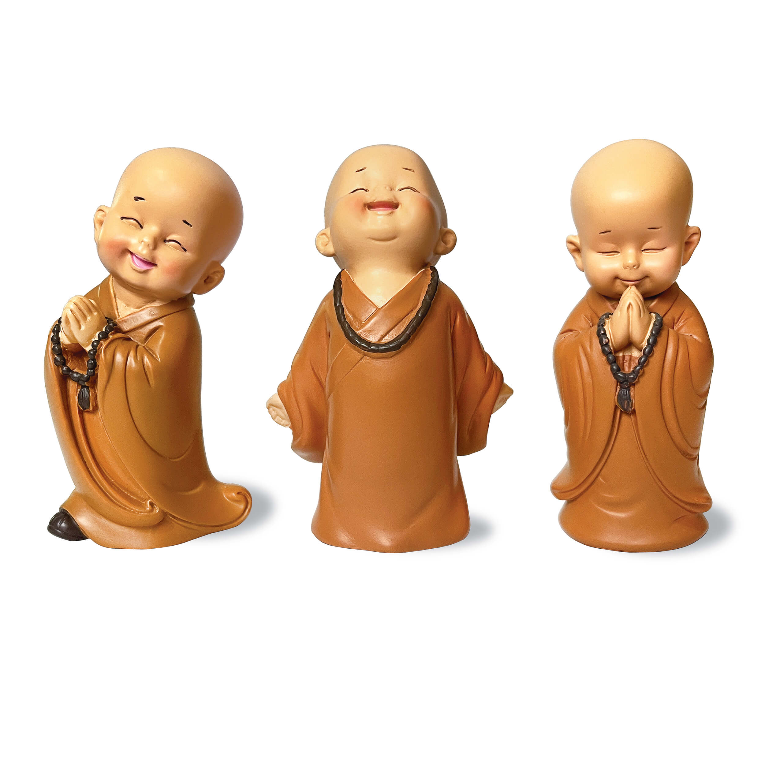Close-up of handmade polyresin monk figurine with detailed hand-painted finish