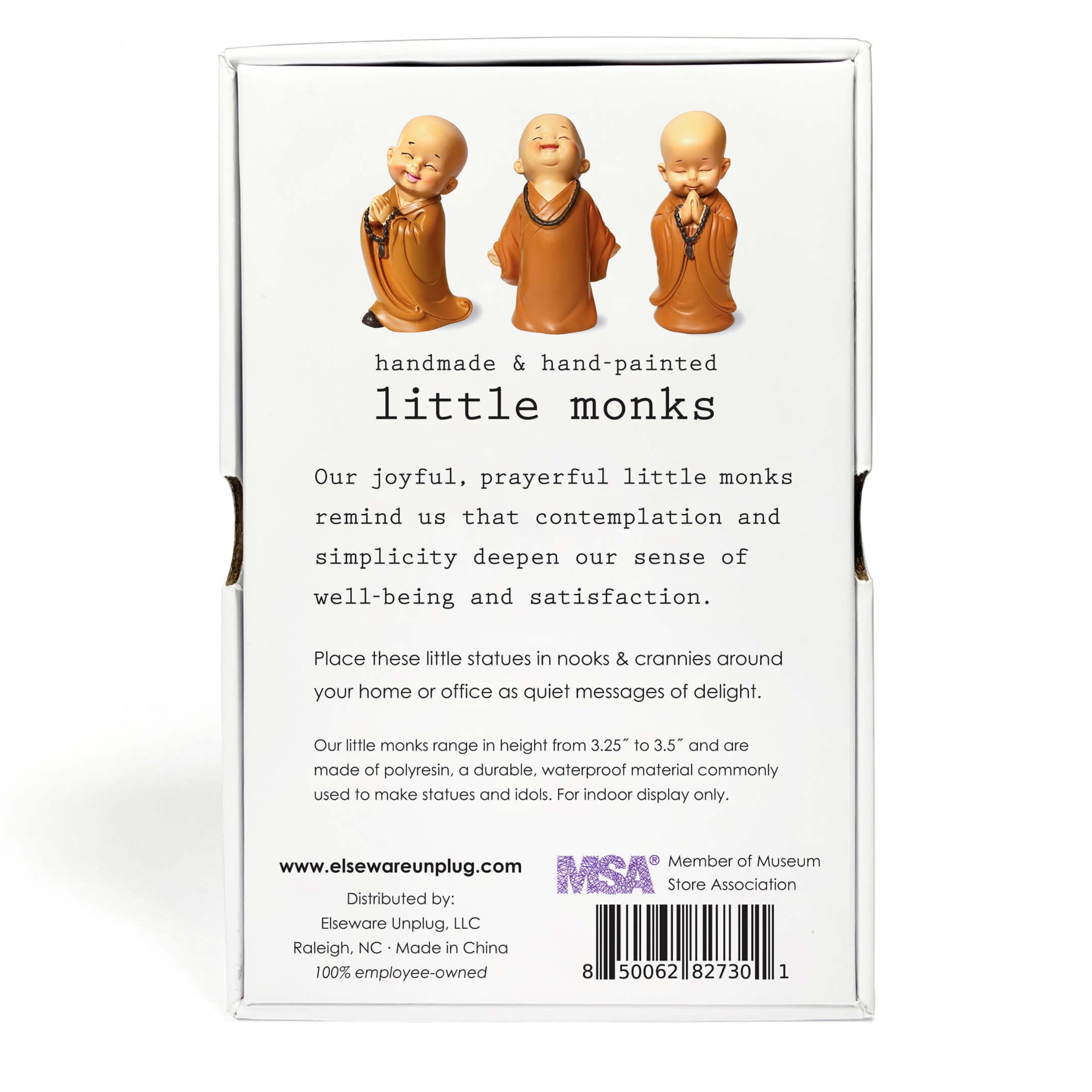 Back of packaging with three small monk figurines and product description text.
