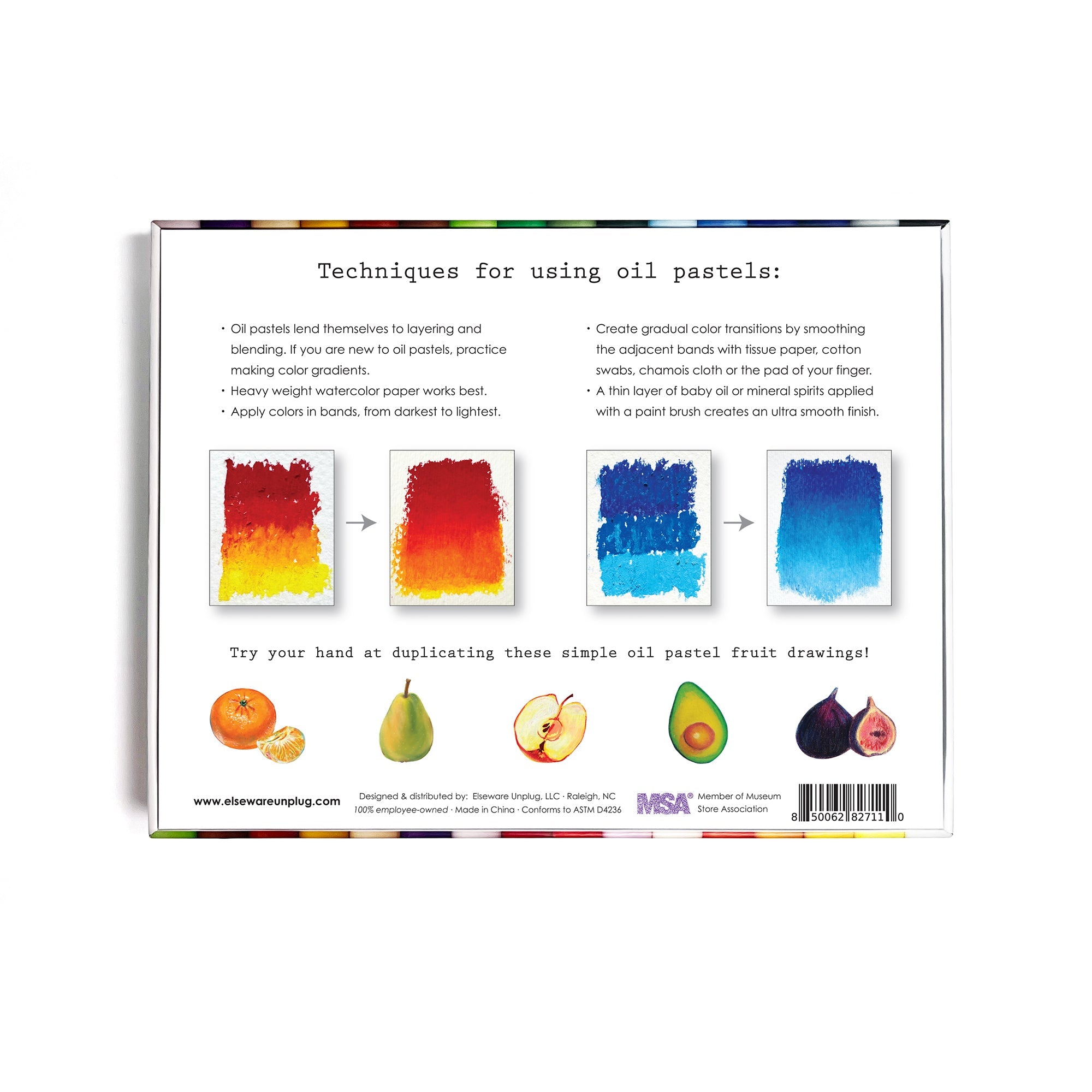 Back of a book or packaging with color swatches and text on oil pastel techniques.