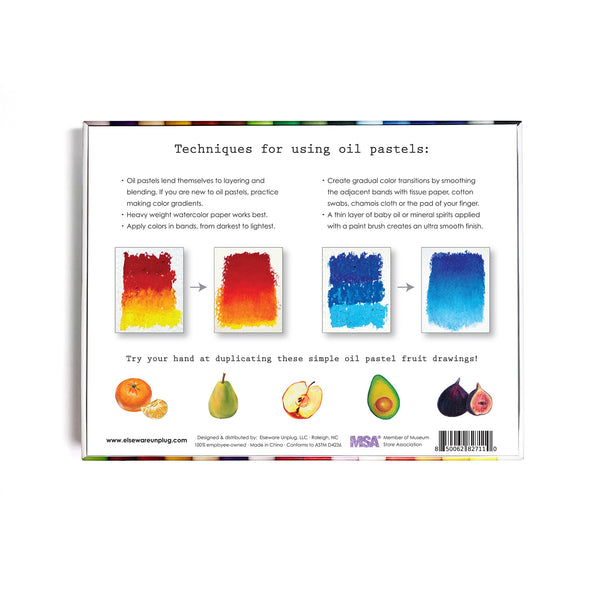 Back of a book or packaging with color swatches and text on oil pastel techniques.