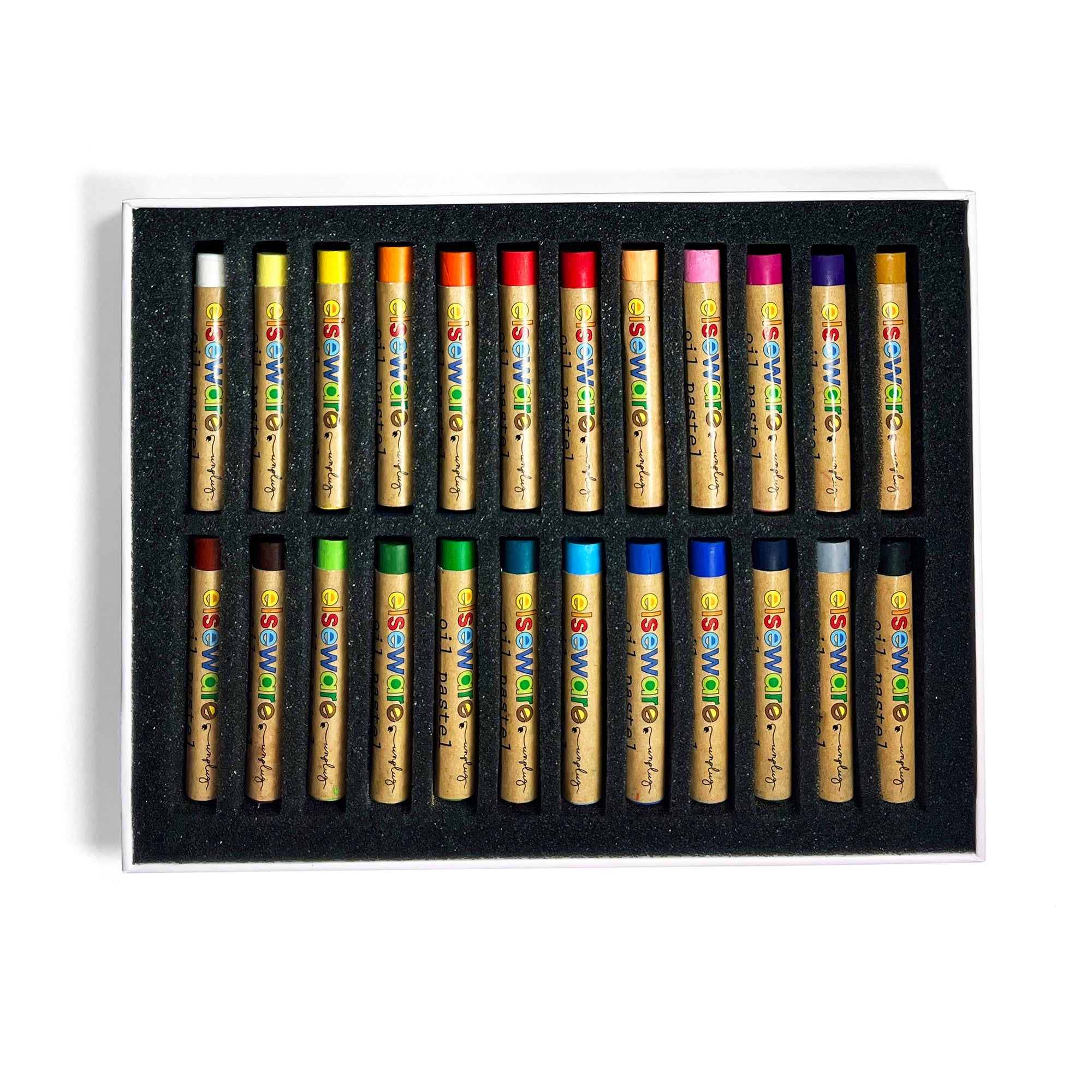 Set of colored pencils in a black box on a white background